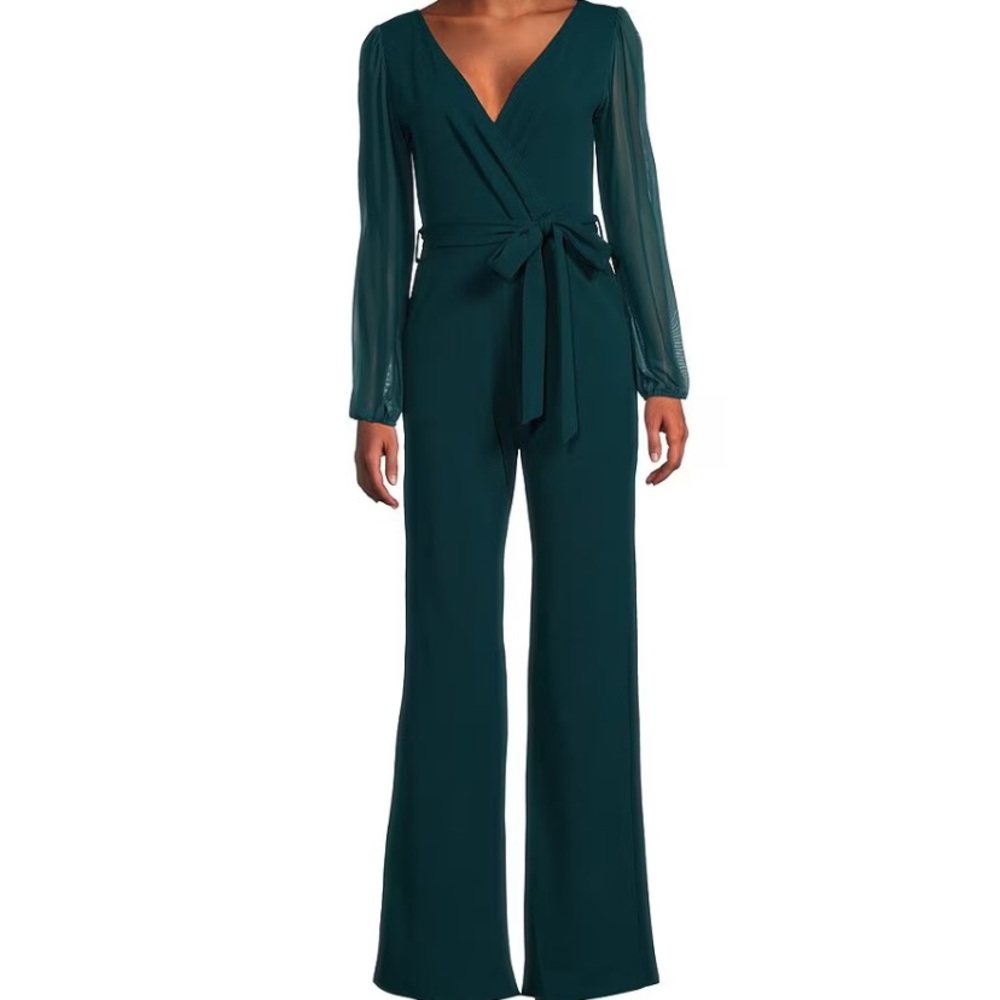 Moa Moa Green Wrap Jumpsuit with Tie Waist and Wide-Leg